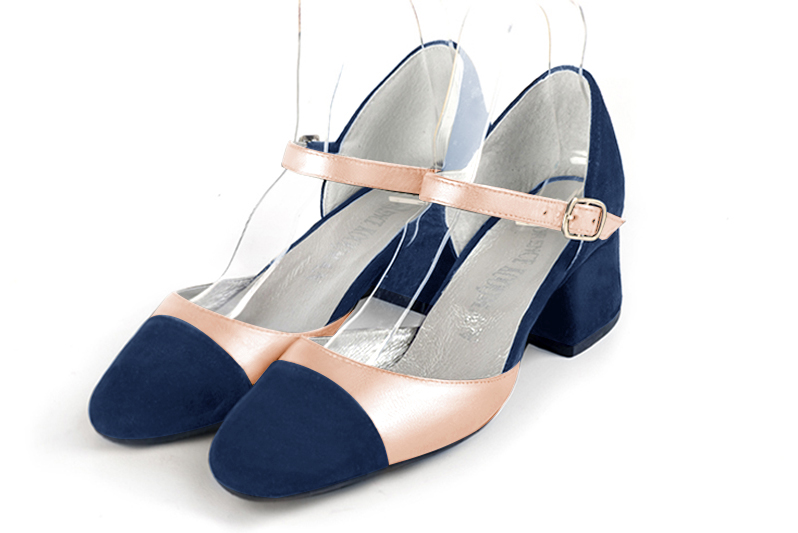Navy blue and powder pink women's open side shoes, with an instep strap. Round toe. Low flare heels. Front view - Florence KOOIJMAN